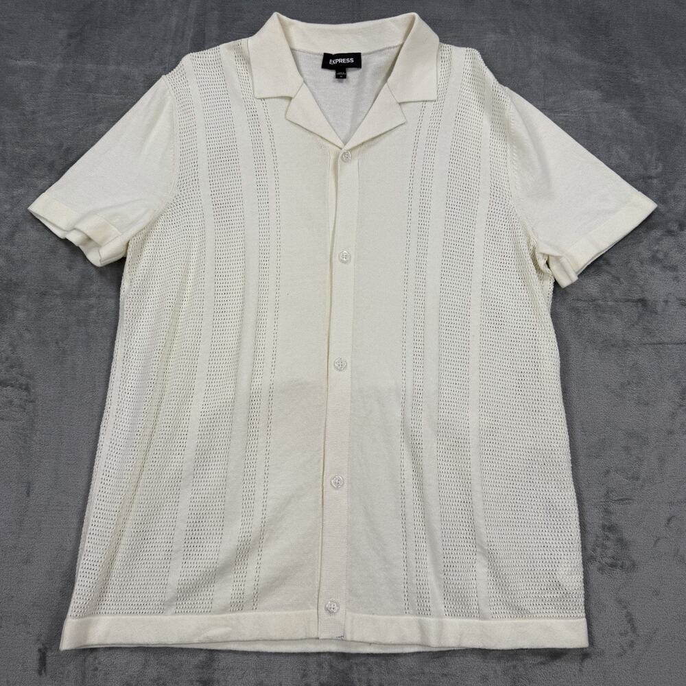 Express Mens Medium Ivory Knit Camp Collar Shirt Short Sleeve Resort Texture